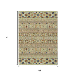 HomeRoots 5' Tribal Washable Area Rug in Artichoke Green, Blue & Copper - Durable Indoor/Outdoor Style! 640023