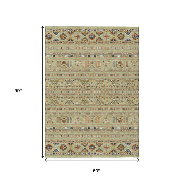 HomeRoots 5' Tribal Washable Area Rug in Artichoke Green, Blue & Copper - Durable Indoor/Outdoor Style! 640023