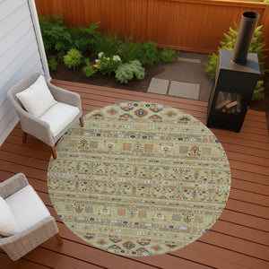 HomeRoots 8' Artichoke Green Blue Copper Round Tribal Rug - Durable, Washable & Versatile for Indoor/Outdoor Use 640024