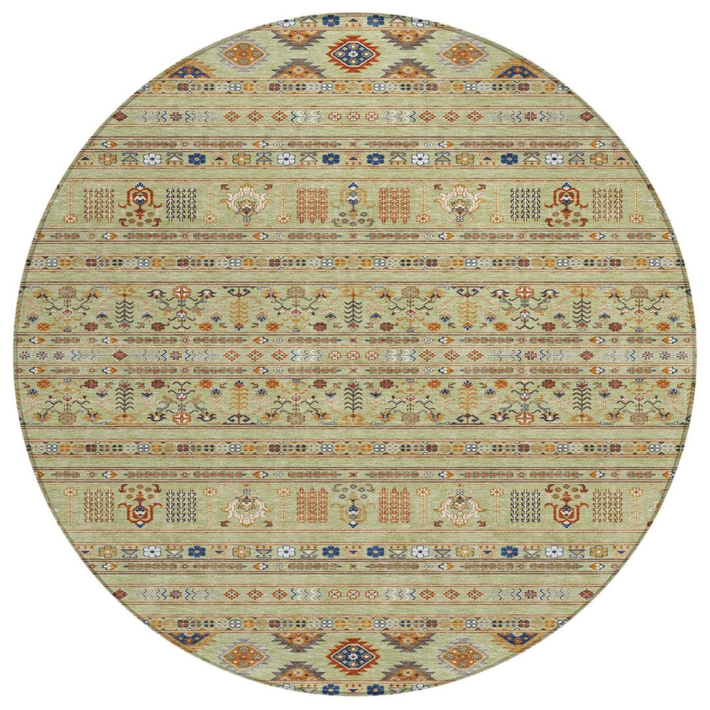 HomeRoots 8' Artichoke Green Blue Copper Round Tribal Rug - Durable, Washable & Versatile for Indoor/Outdoor Use 640024