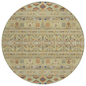 HomeRoots 8' Artichoke Green Blue Copper Round Tribal Rug - Durable, Washable & Versatile for Indoor/Outdoor Use 640024