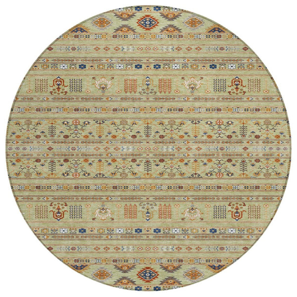 HomeRoots 8' Artichoke Green Blue Copper Round Tribal Rug - Durable, Washable & Versatile for Indoor/Outdoor Use 640024