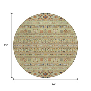 HomeRoots 8' Artichoke Green Blue Copper Round Tribal Rug - Durable, Washable & Versatile for Indoor/Outdoor Use 640024
