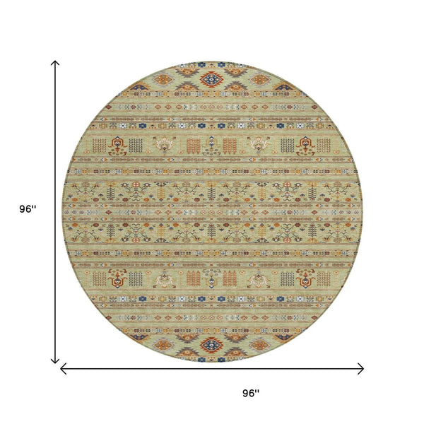 HomeRoots 8' Artichoke Green Blue Copper Round Tribal Rug - Durable, Washable & Versatile for Indoor/Outdoor Use 640024
