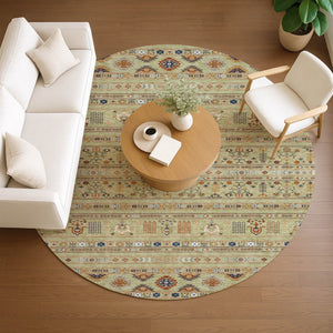 HomeRoots 8' Artichoke Green Blue Copper Round Tribal Rug - Durable, Washable & Versatile for Indoor/Outdoor Use 640024