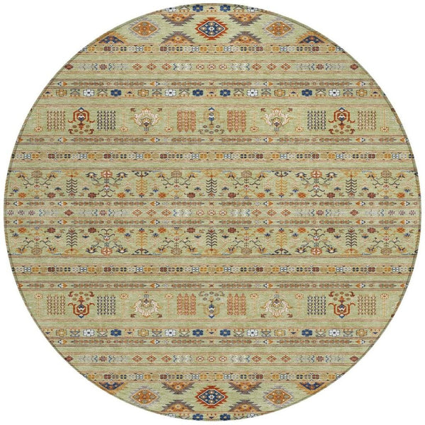 HomeRoots 8' Artichoke Green Blue Copper Round Tribal Rug - Durable, Washable & Versatile for Indoor/Outdoor Use 640024