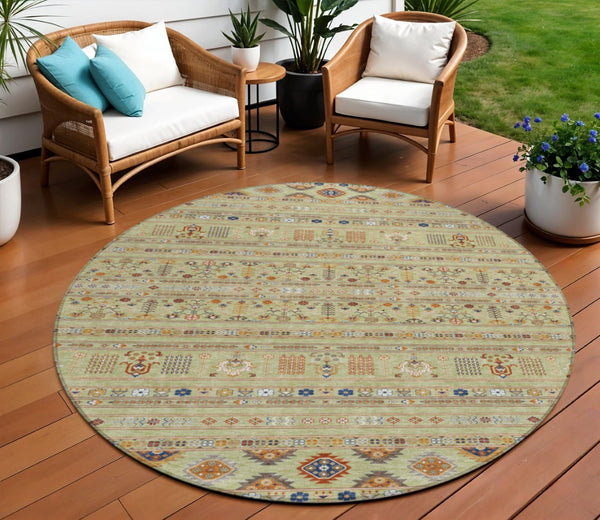 HomeRoots 8' Artichoke Green Blue Copper Round Tribal Rug - Durable, Washable & Versatile for Indoor/Outdoor Use 640024
