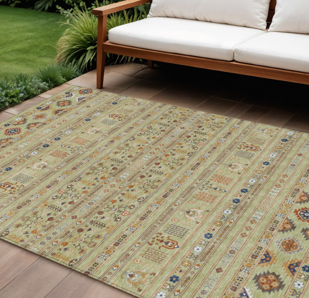 HomeRoots 8' X 10' Tribal Washable Area Rug in Artichoke Green, Blue & Copper for Indoor & Outdoor Use 640025