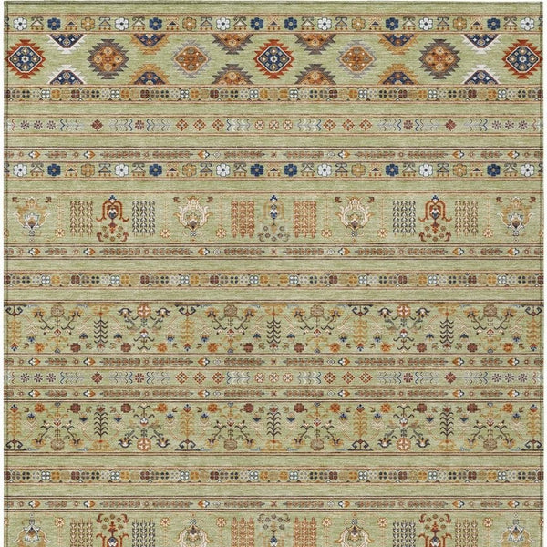 HomeRoots 9' X 12' Artichoke Green and Blue Tribal Area Rug - Durable, Washable, Ideal for Indoor & Outdoor Use 640026