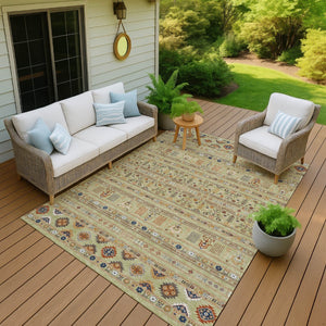 HomeRoots 9' X 12' Artichoke Green and Blue Tribal Area Rug - Durable, Washable, Ideal for Indoor & Outdoor Use 640026