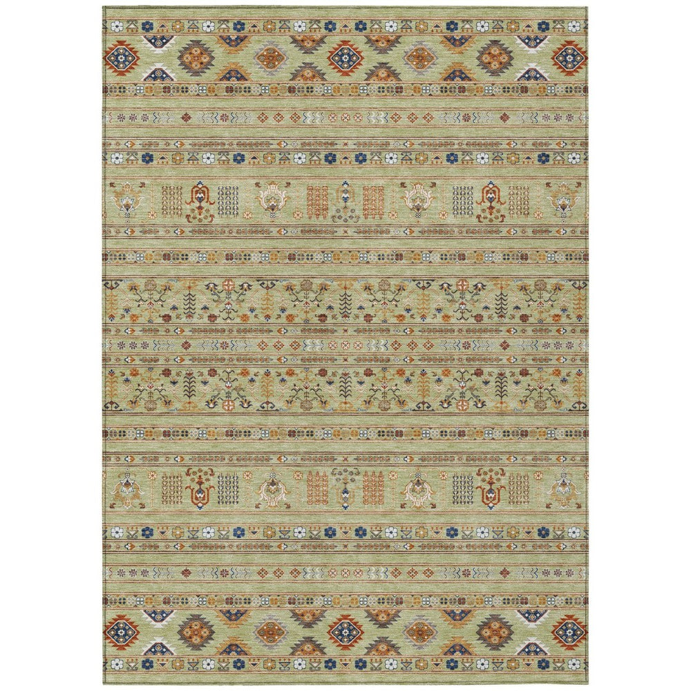 HomeRoots 9' X 12' Artichoke Green and Blue Tribal Area Rug - Durable, Washable, Ideal for Indoor & Outdoor Use 640026