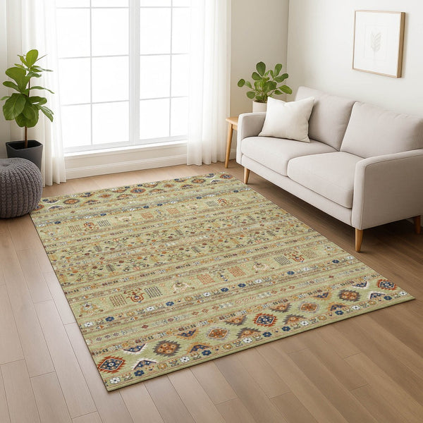 HomeRoots 9' X 12' Artichoke Green and Blue Tribal Area Rug - Durable, Washable, Ideal for Indoor & Outdoor Use 640026