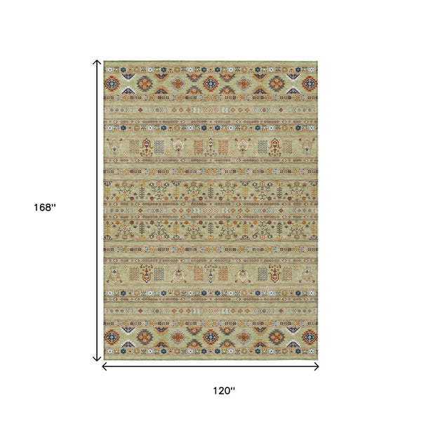 HomeRoots 10' Tribal Washable Area Rug in Artichoke Green, Blue & Copper for Indoor & Outdoor Durability 640027