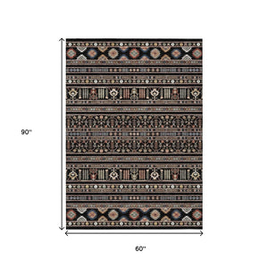 HomeRoots 5' Tribal Washable Area Rug in Bold Black, Blue & Copper - Perfect for Indoor & Outdoor Spaces! 640029