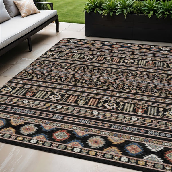 HomeRoots 5' Tribal Washable Area Rug in Bold Black, Blue & Copper - Perfect for Indoor & Outdoor Spaces! 640029