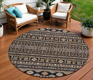 HomeRoots 8' Round Tribal Area Rug in Black, Blue, and Copper – Washable, Durable for Indoor & Outdoor Use! 640030