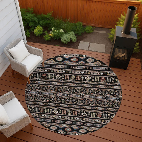 HomeRoots 8' Round Tribal Area Rug in Black, Blue, and Copper – Washable, Durable for Indoor & Outdoor Use! 640030