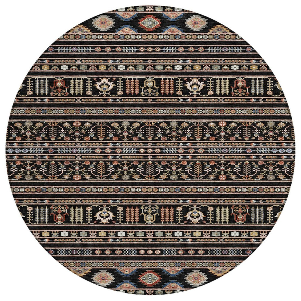 HomeRoots 8' Round Tribal Area Rug in Black, Blue, and Copper – Washable, Durable for Indoor & Outdoor Use! 640030