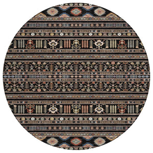 HomeRoots 8' Round Tribal Area Rug in Black, Blue, and Copper – Washable, Durable for Indoor & Outdoor Use! 640030