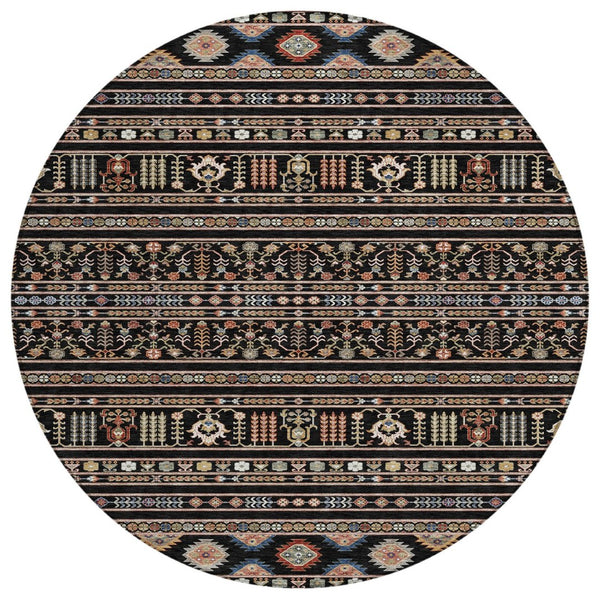 HomeRoots 8' Round Tribal Area Rug in Black, Blue, and Copper – Washable, Durable for Indoor & Outdoor Use! 640030