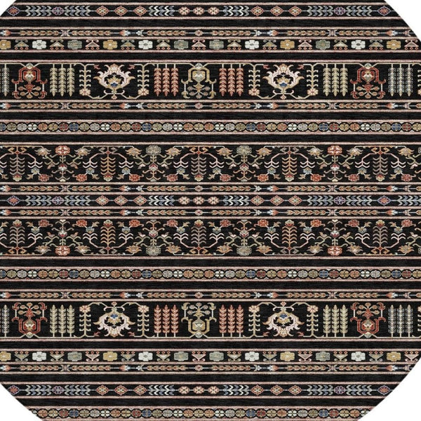 HomeRoots 8' Round Tribal Area Rug in Black, Blue, and Copper – Washable, Durable for Indoor & Outdoor Use! 640030