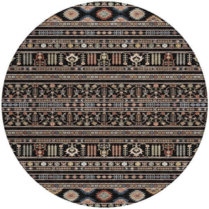 HomeRoots 8' Round Tribal Area Rug in Black, Blue, and Copper – Washable, Durable for Indoor & Outdoor Use! 640030