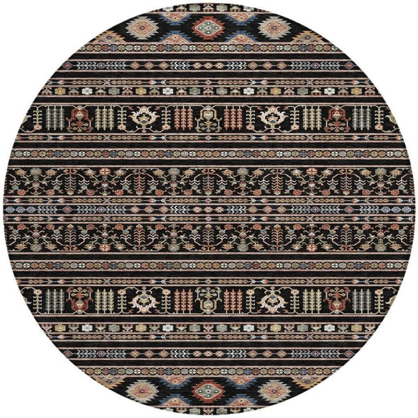 HomeRoots 8' Round Tribal Area Rug in Black, Blue, and Copper – Washable, Durable for Indoor & Outdoor Use! 640030