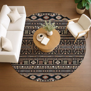 HomeRoots 8' Round Tribal Area Rug in Black, Blue, and Copper – Washable, Durable for Indoor & Outdoor Use! 640030
