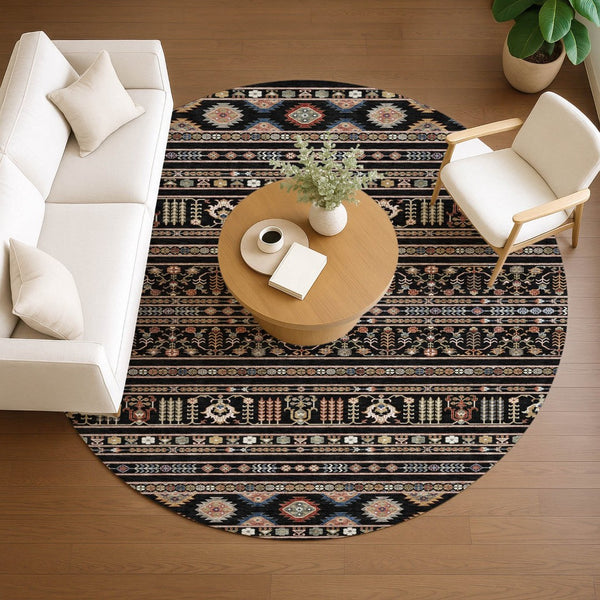 HomeRoots 8' Round Tribal Area Rug in Black, Blue, and Copper – Washable, Durable for Indoor & Outdoor Use! 640030