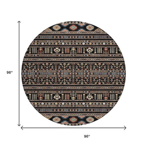 HomeRoots 8' Round Tribal Area Rug in Black, Blue, and Copper – Washable, Durable for Indoor & Outdoor Use! 640030