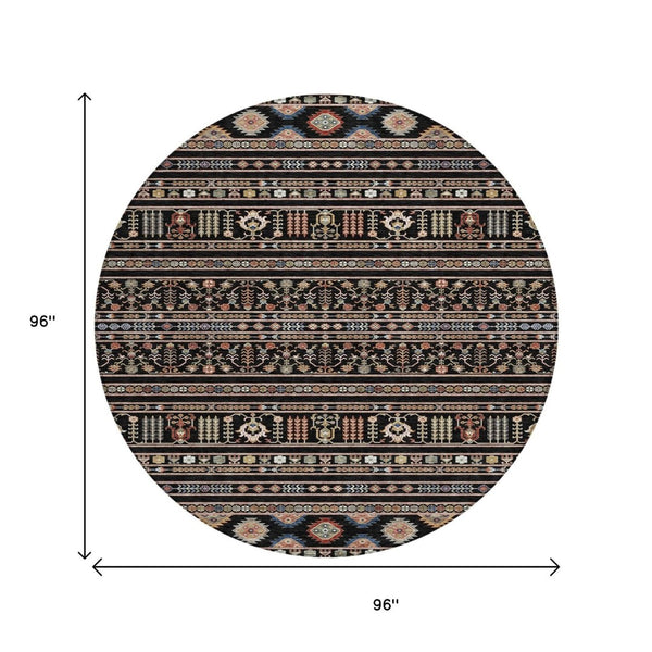 HomeRoots 8' Round Tribal Area Rug in Black, Blue, and Copper – Washable, Durable for Indoor & Outdoor Use! 640030