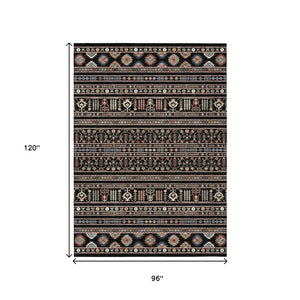 HomeRoots 8' X 10' Stylish Black, Blue & Copper Tribal Washable Area Rug for Indoor & Outdoor Spaces 640031
