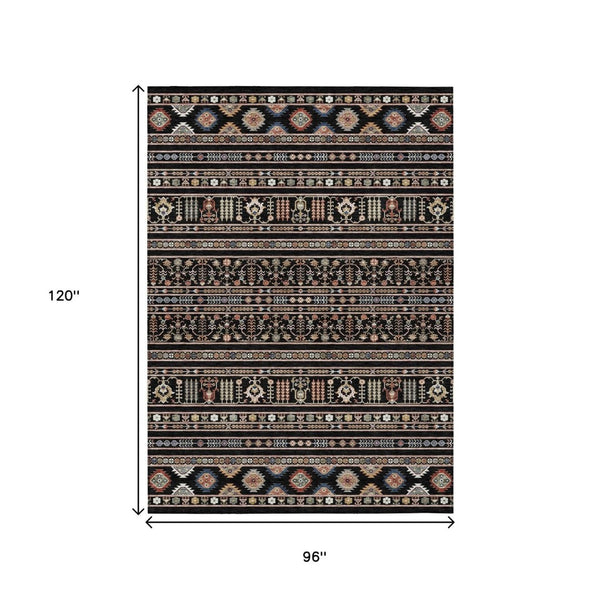 HomeRoots 8' X 10' Stylish Black, Blue & Copper Tribal Washable Area Rug for Indoor & Outdoor Spaces 640031