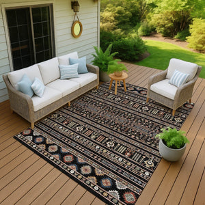 HomeRoots 8' X 10' Stylish Black, Blue & Copper Tribal Washable Area Rug for Indoor & Outdoor Spaces 640031