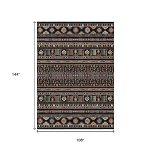 HomeRoots 9' Washable Tribal Area Rug in Black, Blue & Copper - Durable Indoor/Outdoor Design for Any Space 640032