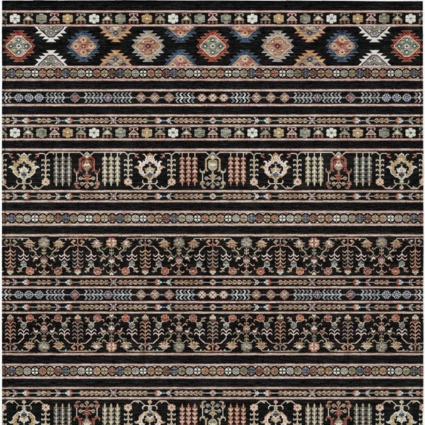 HomeRoots 9' Washable Tribal Area Rug in Black, Blue & Copper - Durable Indoor/Outdoor Design for Any Space 640032