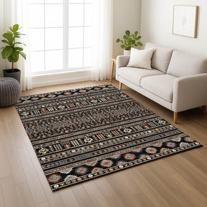 HomeRoots 9' Washable Tribal Area Rug in Black, Blue & Copper - Durable Indoor/Outdoor Design for Any Space 640032
