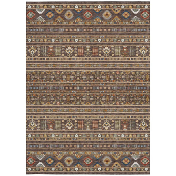 HomeRoots 5' X 8' Tribal Area Rug in Chocolate, Blue & Copper - Washable & Durable for Indoor/Outdoor Use 640035