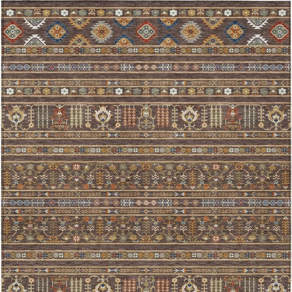 HomeRoots 5' X 8' Tribal Area Rug in Chocolate, Blue & Copper - Washable & Durable for Indoor/Outdoor Use 640035