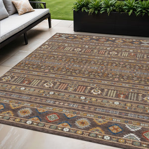 HomeRoots 5' X 8' Tribal Area Rug in Chocolate, Blue & Copper - Washable & Durable for Indoor/Outdoor Use 640035