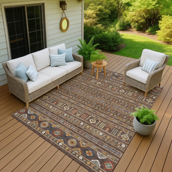 HomeRoots 5' X 8' Tribal Area Rug in Chocolate, Blue & Copper - Washable & Durable for Indoor/Outdoor Use 640035