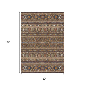 HomeRoots 5' X 8' Tribal Area Rug in Chocolate, Blue & Copper - Washable & Durable for Indoor/Outdoor Use 640035