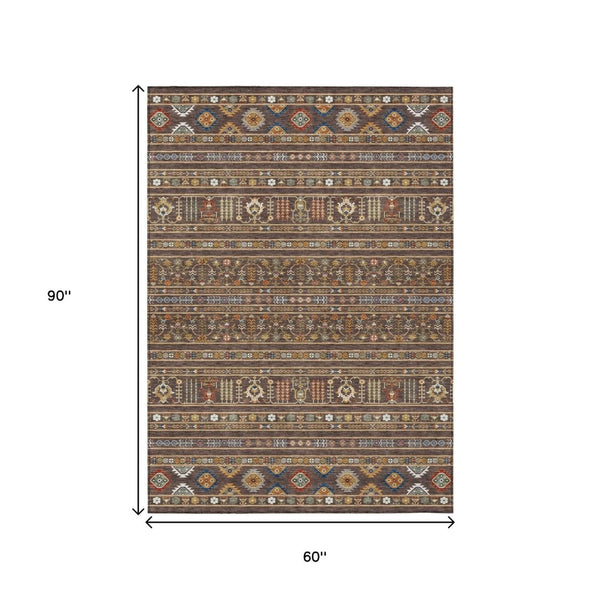 HomeRoots 5' X 8' Tribal Area Rug in Chocolate, Blue & Copper - Washable & Durable for Indoor/Outdoor Use 640035