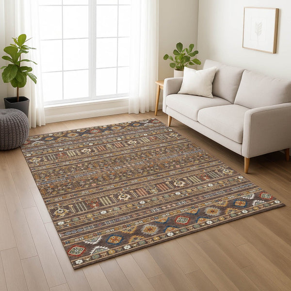 HomeRoots 5' X 8' Tribal Area Rug in Chocolate, Blue & Copper - Washable & Durable for Indoor/Outdoor Use 640035