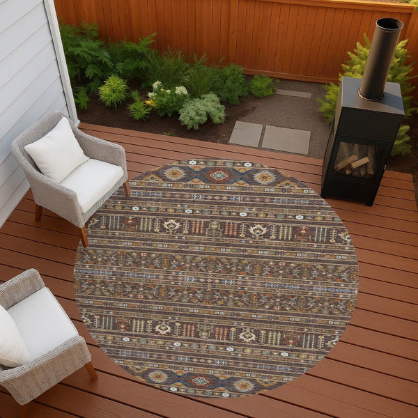 HomeRoots 8' Round Tribal Area Rug in Chocolate, Blue & Copper - Durable, Washable for Indoor & Outdoor Use! 640036