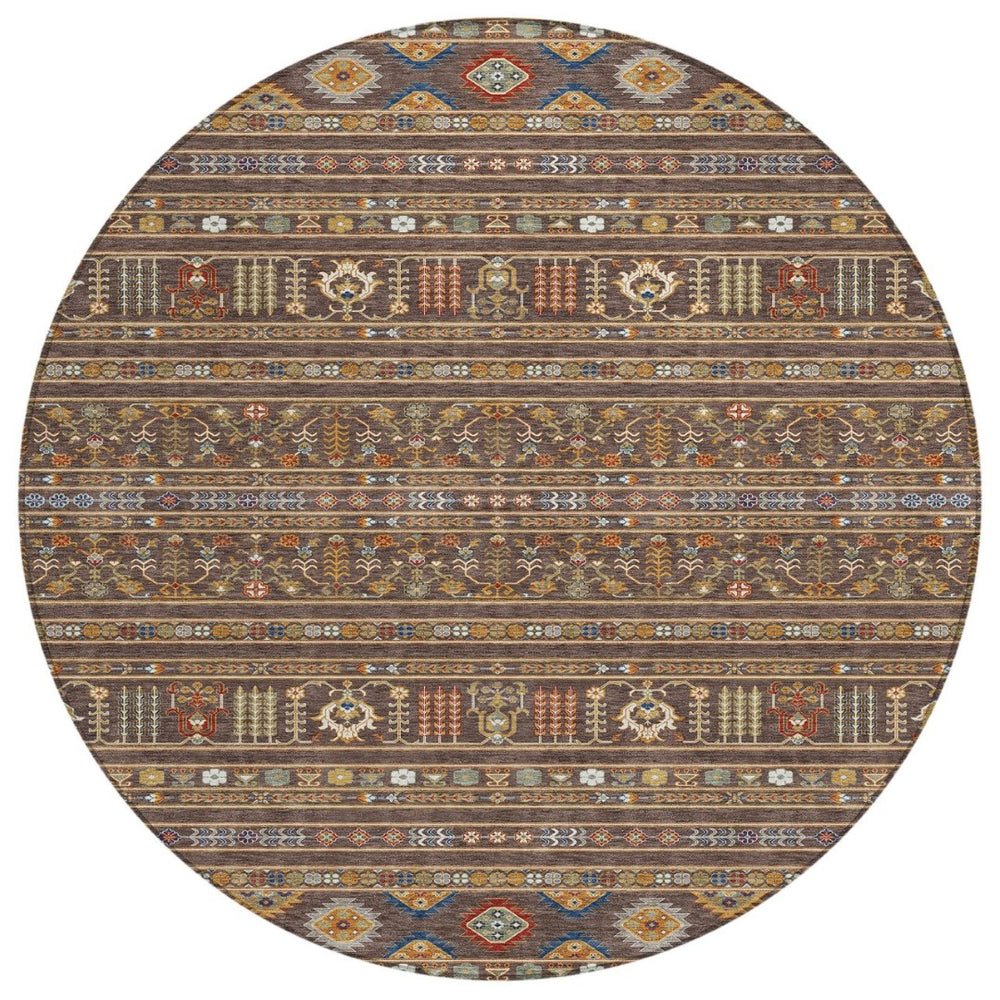 HomeRoots 8' Round Tribal Area Rug in Chocolate, Blue & Copper - Durable, Washable for Indoor & Outdoor Use! 640036