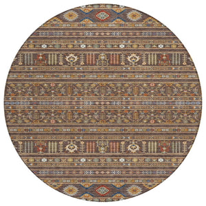 HomeRoots 8' Round Tribal Area Rug in Chocolate, Blue & Copper - Durable, Washable for Indoor & Outdoor Use! 640036