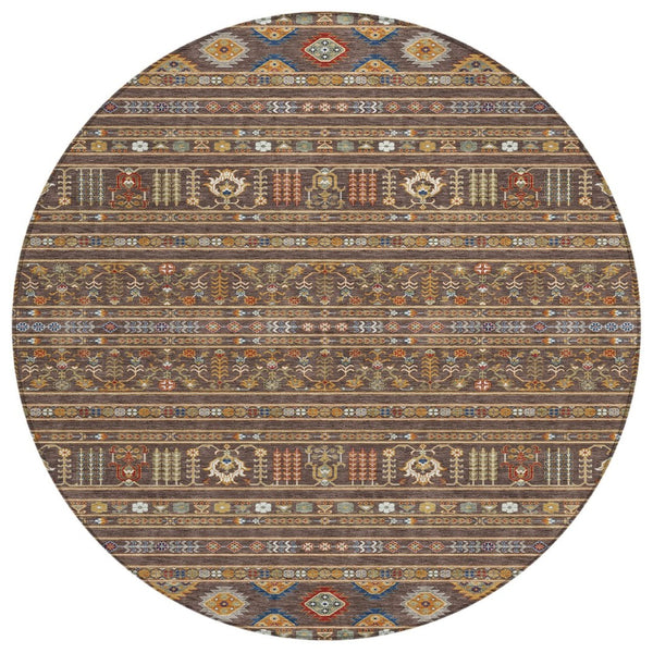 HomeRoots 8' Round Tribal Area Rug in Chocolate, Blue & Copper - Durable, Washable for Indoor & Outdoor Use! 640036