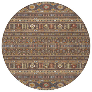 HomeRoots 8' Round Tribal Area Rug in Chocolate, Blue & Copper - Durable, Washable for Indoor & Outdoor Use! 640036
