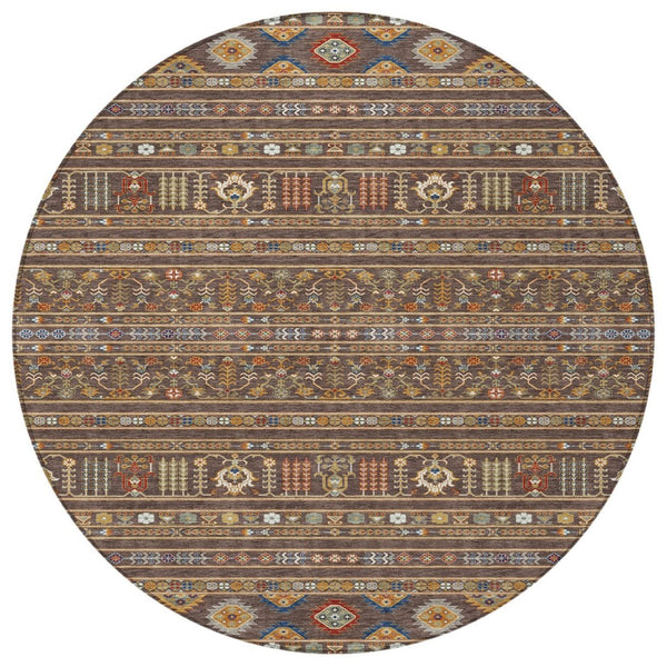HomeRoots 8' Round Tribal Area Rug in Chocolate, Blue & Copper - Durable, Washable for Indoor & Outdoor Use! 640036